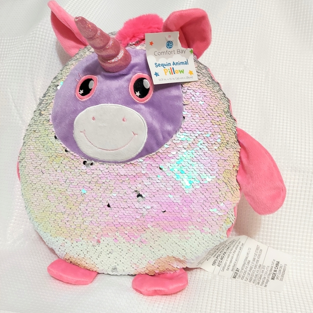 Sequin Unicorn Pillow ~12" Reversible Color Pink